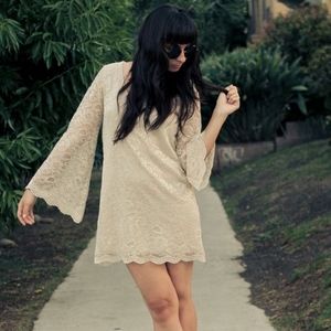 Cream lace bell sleeve lined dress